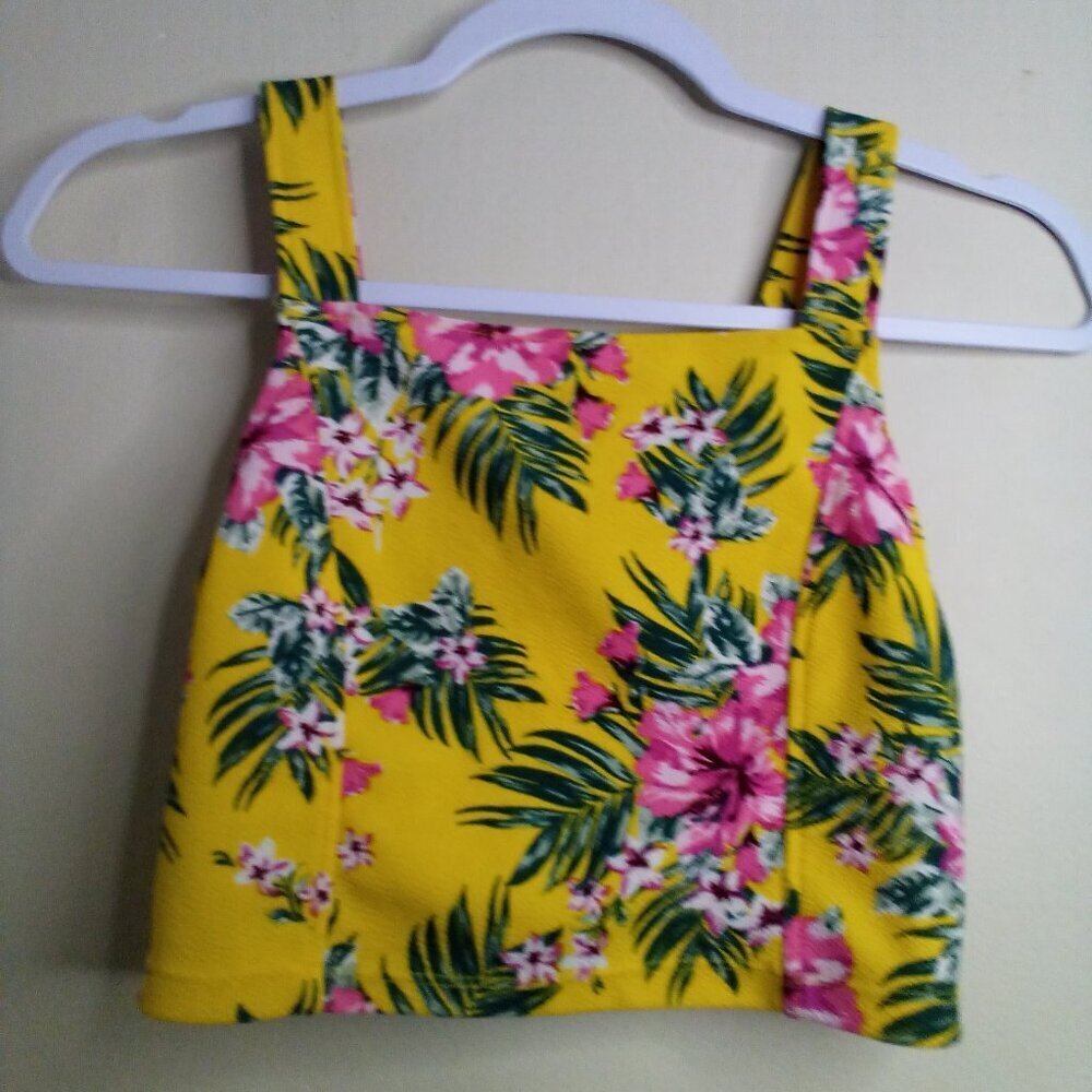 Crop Top Women Juniors S Tank Smocked Back Floral Tropical Yellow Green